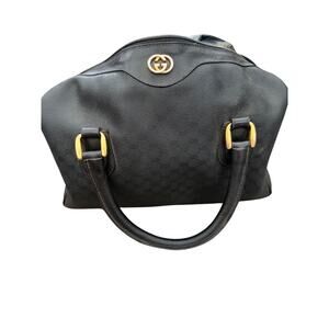 VTG Gucci Boston Bag Black Monogram Embossed Leather Trim Double Handle Strap